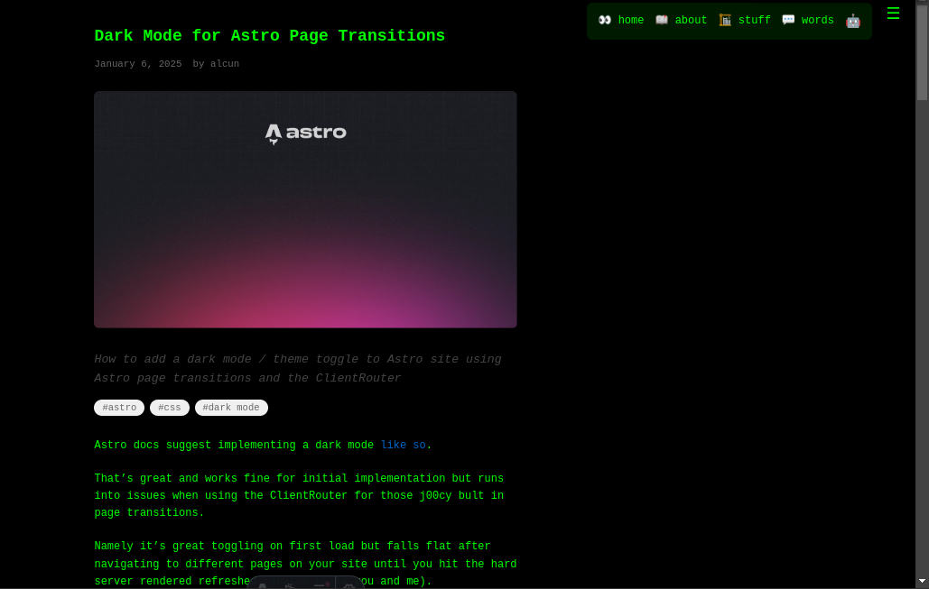 An astro site with a dark teminal theme