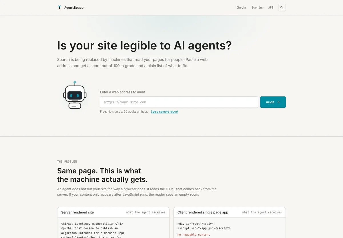 AgentBeacon’s website with its robot mascot and URL audit form