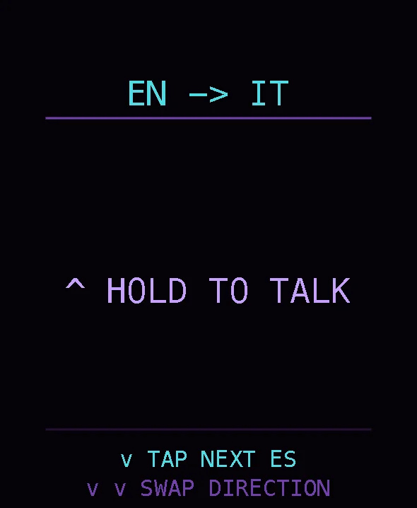 Glossaray’s device view, mirroring the ESP32 screen with English-to-Italian and hold-to-talk controls
