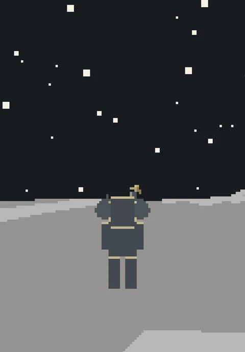 An astronaut exploring the pixel moon beneath a starry sky