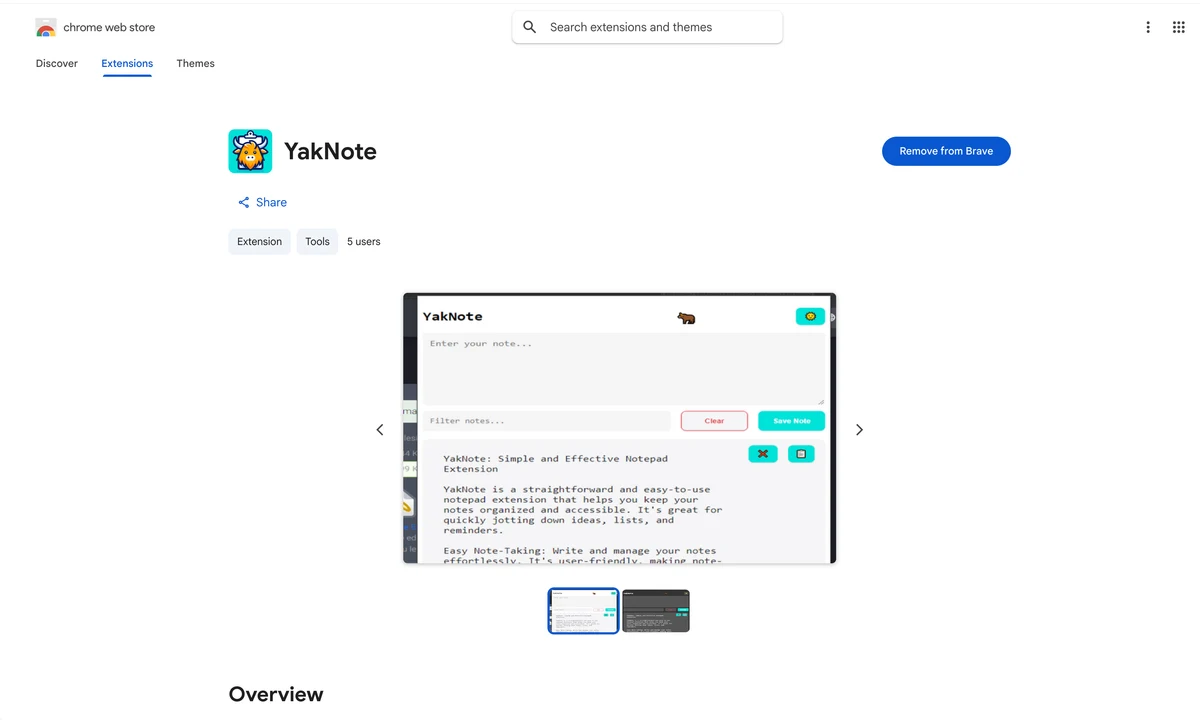 YakNote and its note-taking interface on the Chrome Web Store
